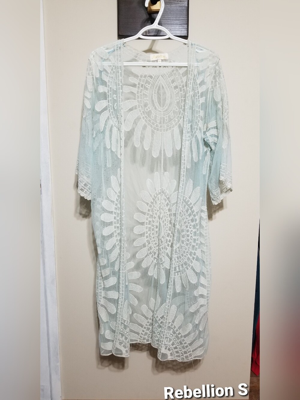 Rebellion Sheer Lace Kimono Light Aqua, White Small
